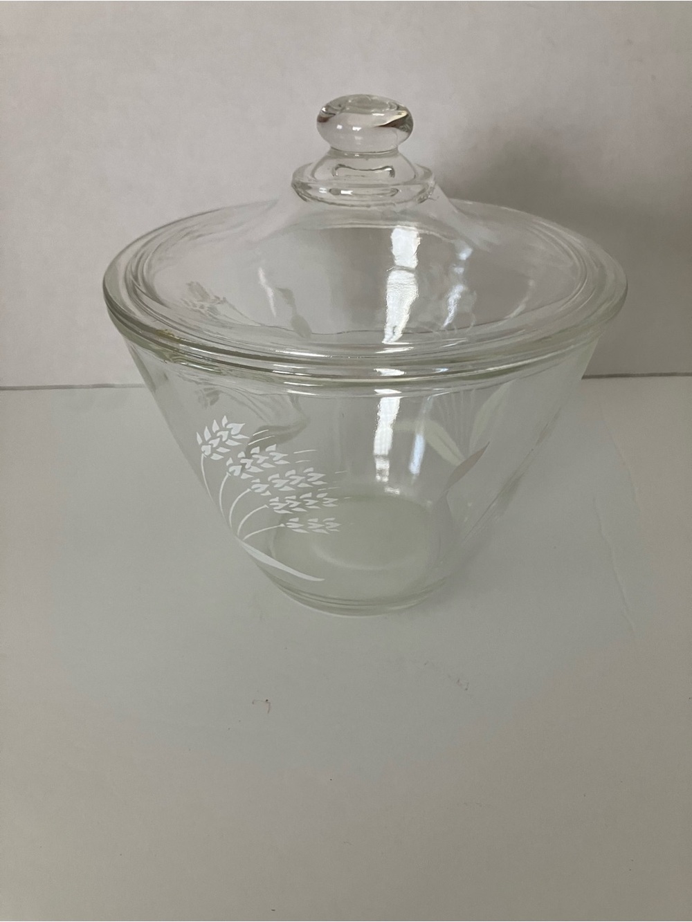 Fire King Vintage Clear Glass Covered Grease Jar with Etched White Wheat Motif